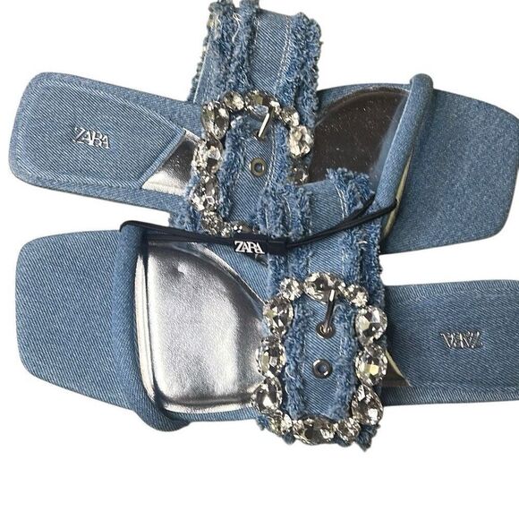 NWT Zara Blue Denim Flat Buckled Sandals 37 6.5 - Picture 7 of 11